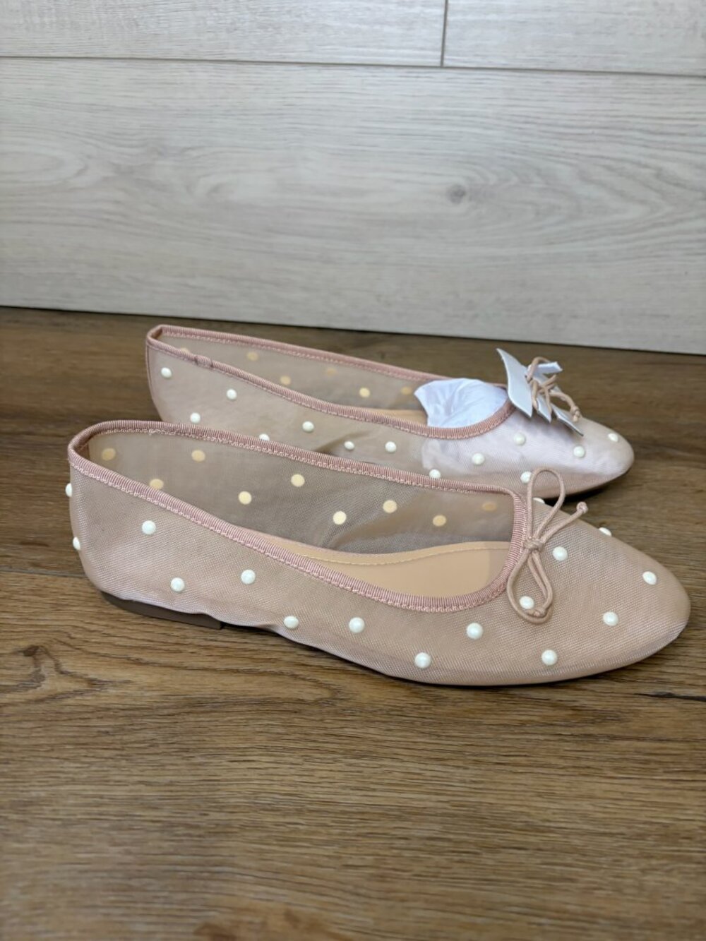 34th Friya Nude Pearl Mesh Ballet Flats Women's Sheer Bow Shoes Size 7.5M